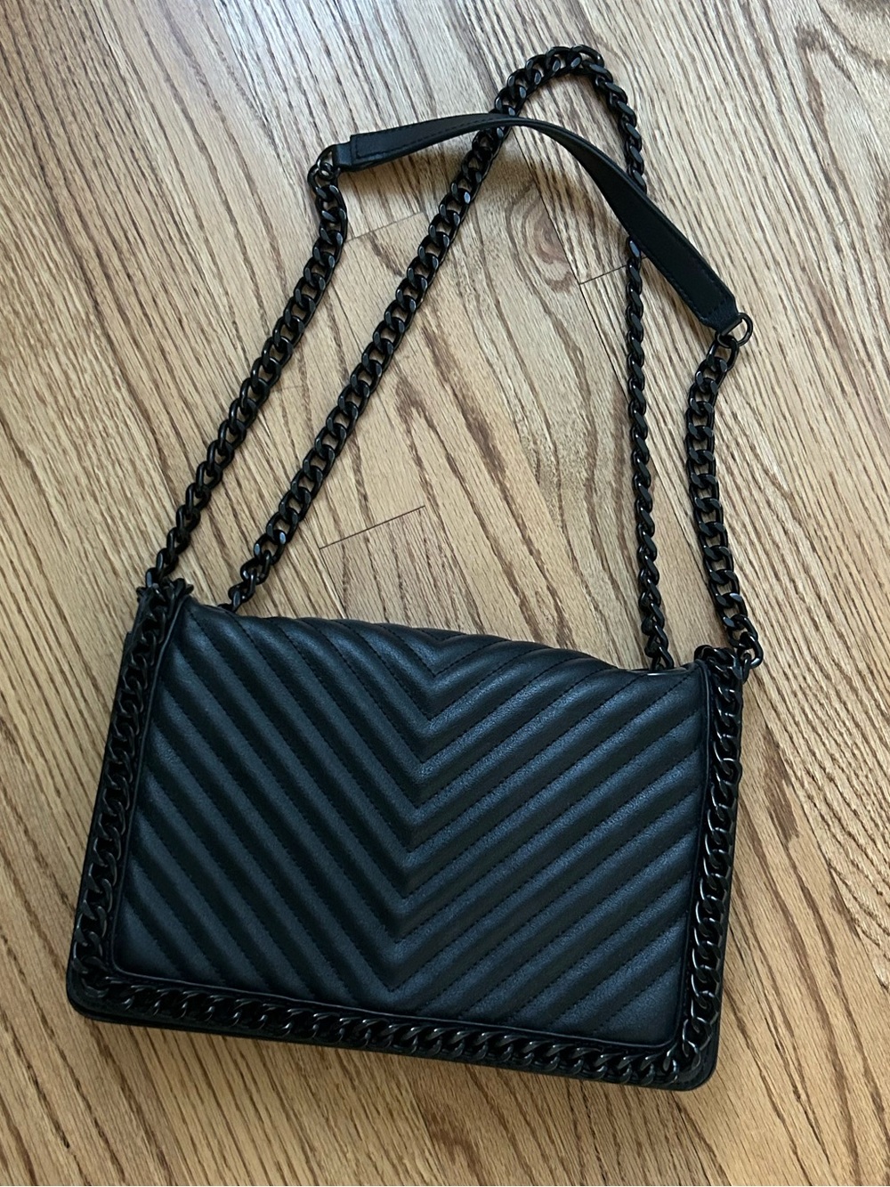 Also Black Quilted Chain Crossbody Bag Faux Leather Adjustable Strap